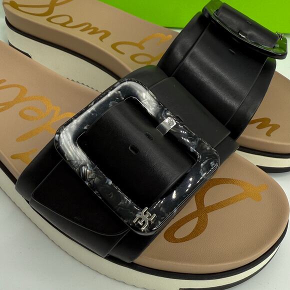 NEW Sam Edelman Platform Buckle Slides Sandals Size 9.5 Black Leather Flats - Picture 4 of 8